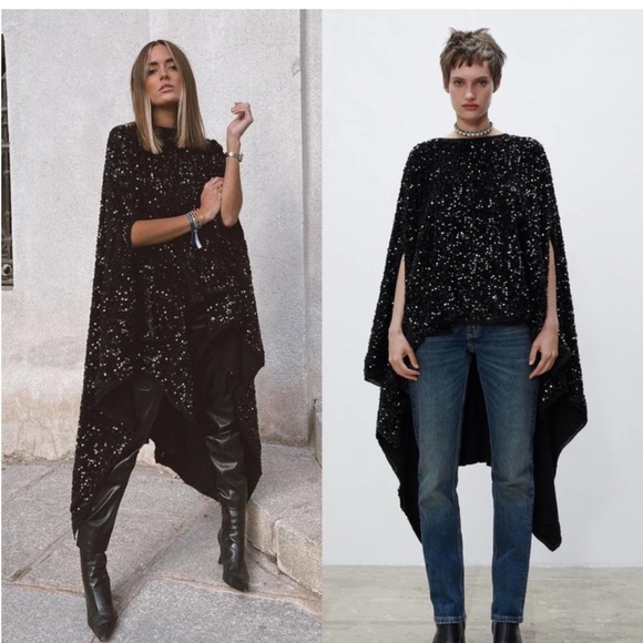 Rare and hard to find ZARA LIMITED EDITION SEQUIN CAPE / WOOL KNIT PONCHO BLACK - Picture 1 of 1